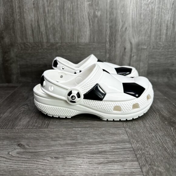 CROCS Classic Kids size 10 White Black Soccer Themed Clogs - Picture 1 of 8